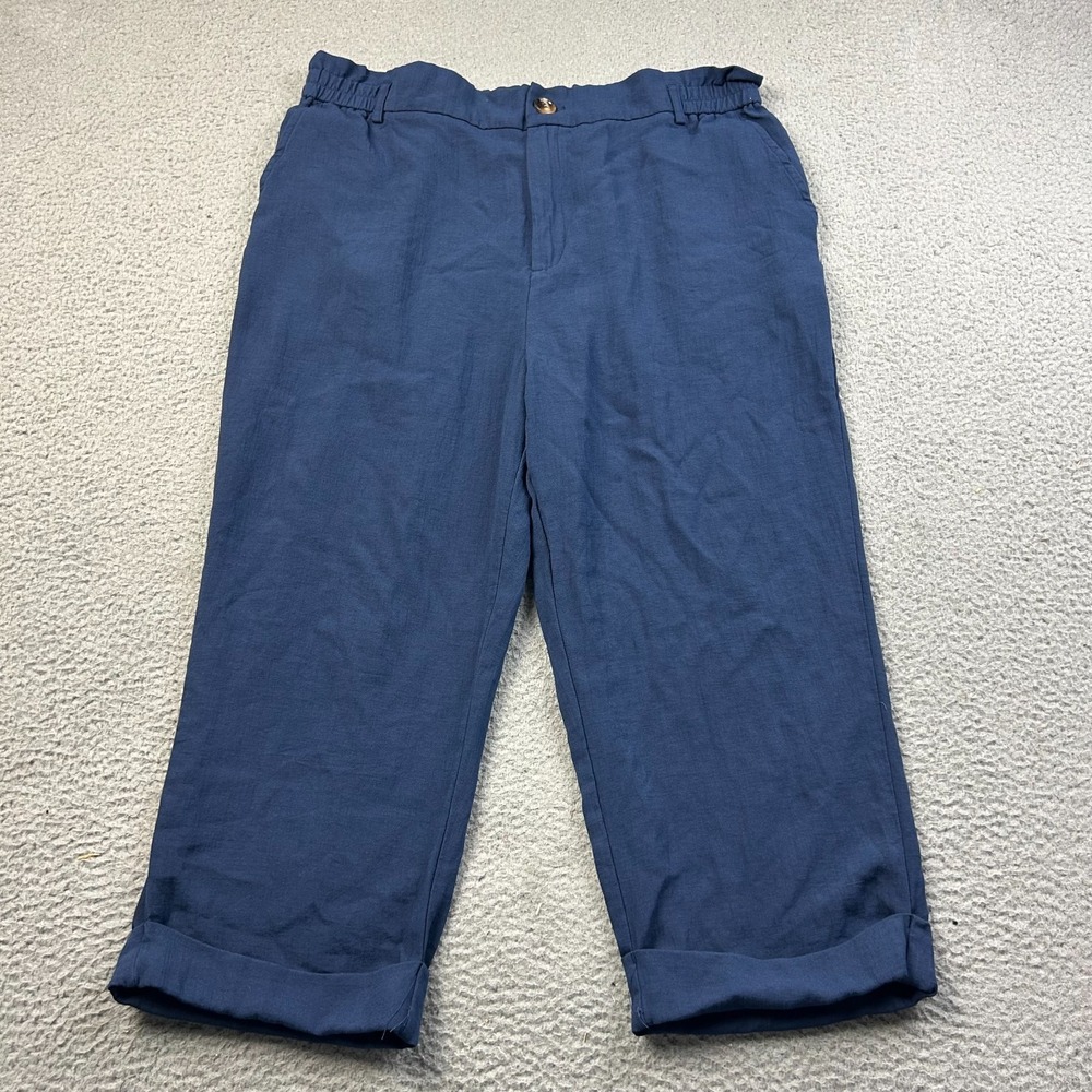 Halara Women's Blue High Waisted Capri Cropped Linen Feel Cuffed Pants FITS 2XL